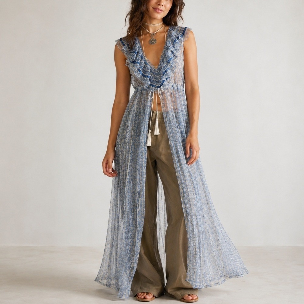 Free People In Paris Maxi Top Duster S Blue Ivory Comb Sheer‎ Mesh Ruffle Boho